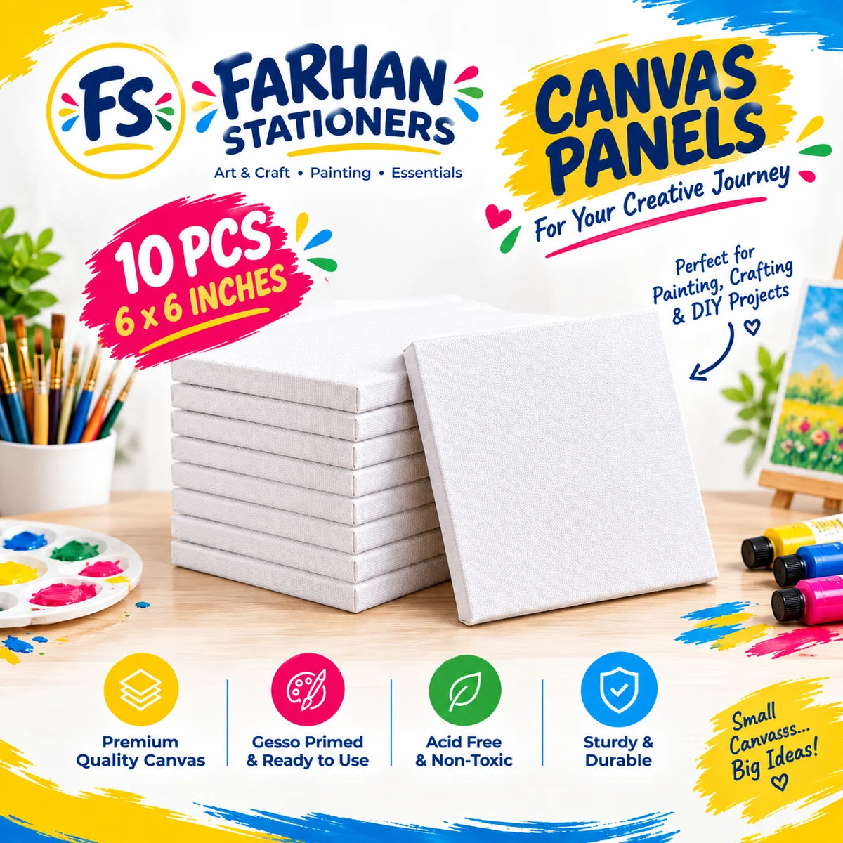 Pack of 10 Primed Canvas Board for painting - 6 x 6 inches