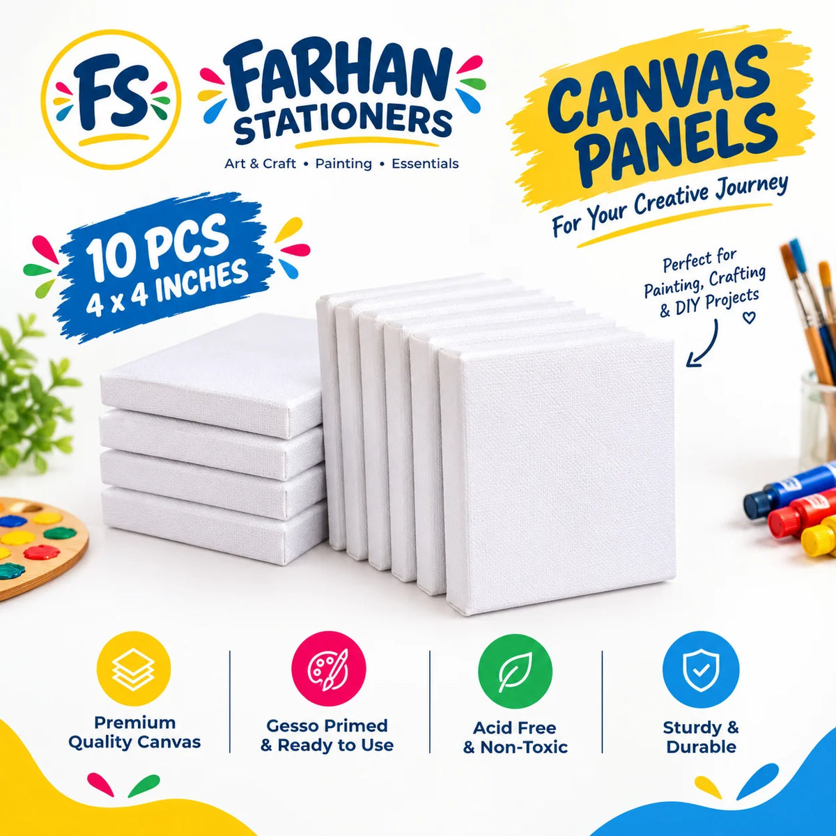 Pack of 10 Primed Canvas Board for painting - 4 x 4 inches