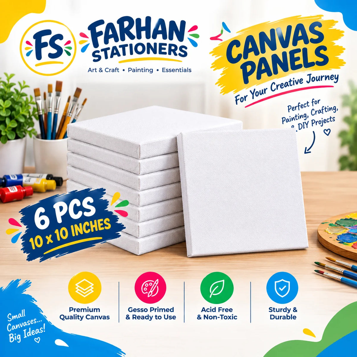 Pack of 6 Primed Canvas Board for painting - 10 x 10 inches