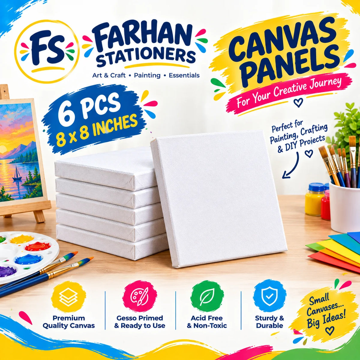 Pack of 6 Primed Canvas Board for painting - 8 x 8 inches